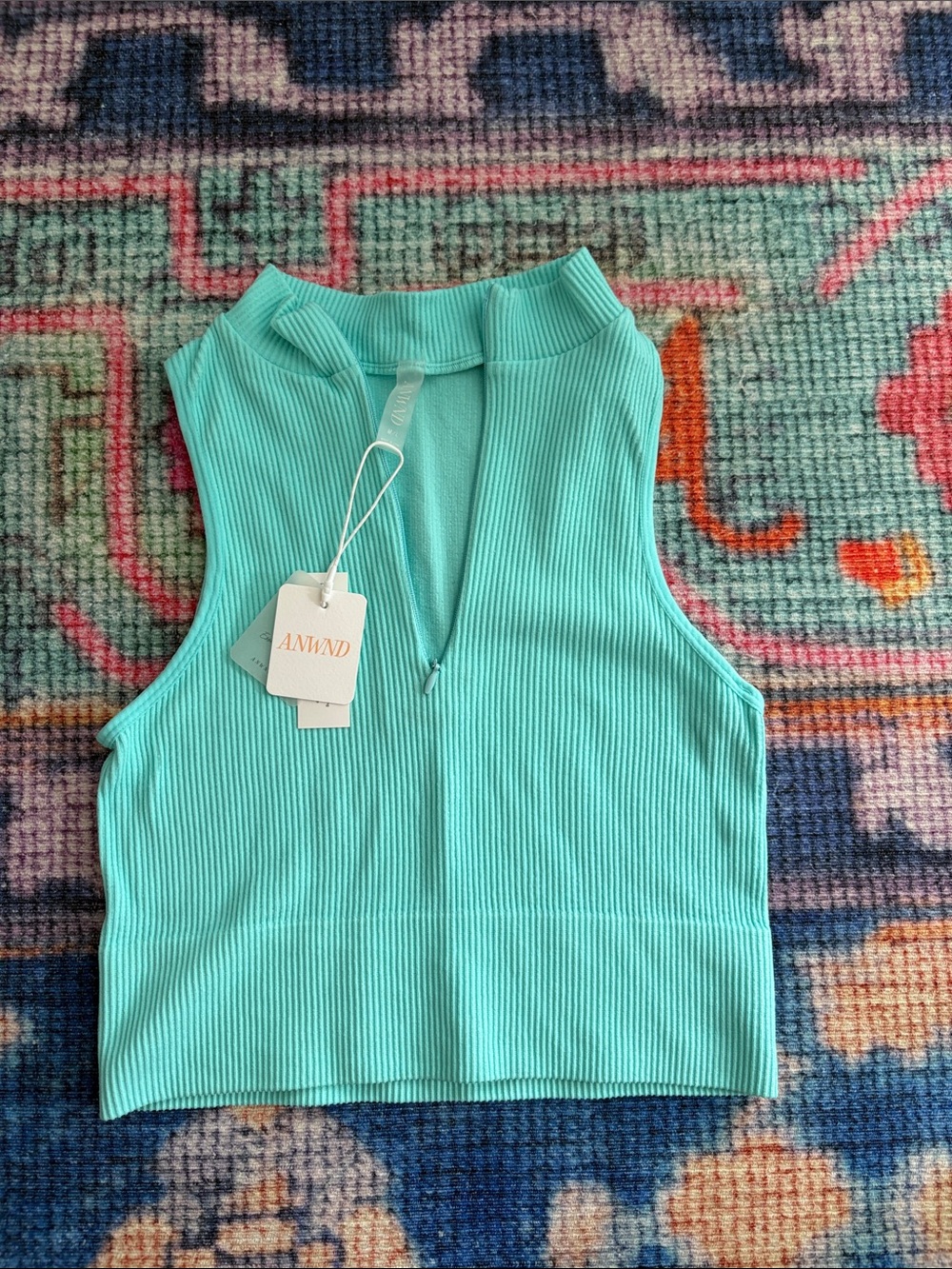 Aqua Ribbed Mock-Neck Crop Tank